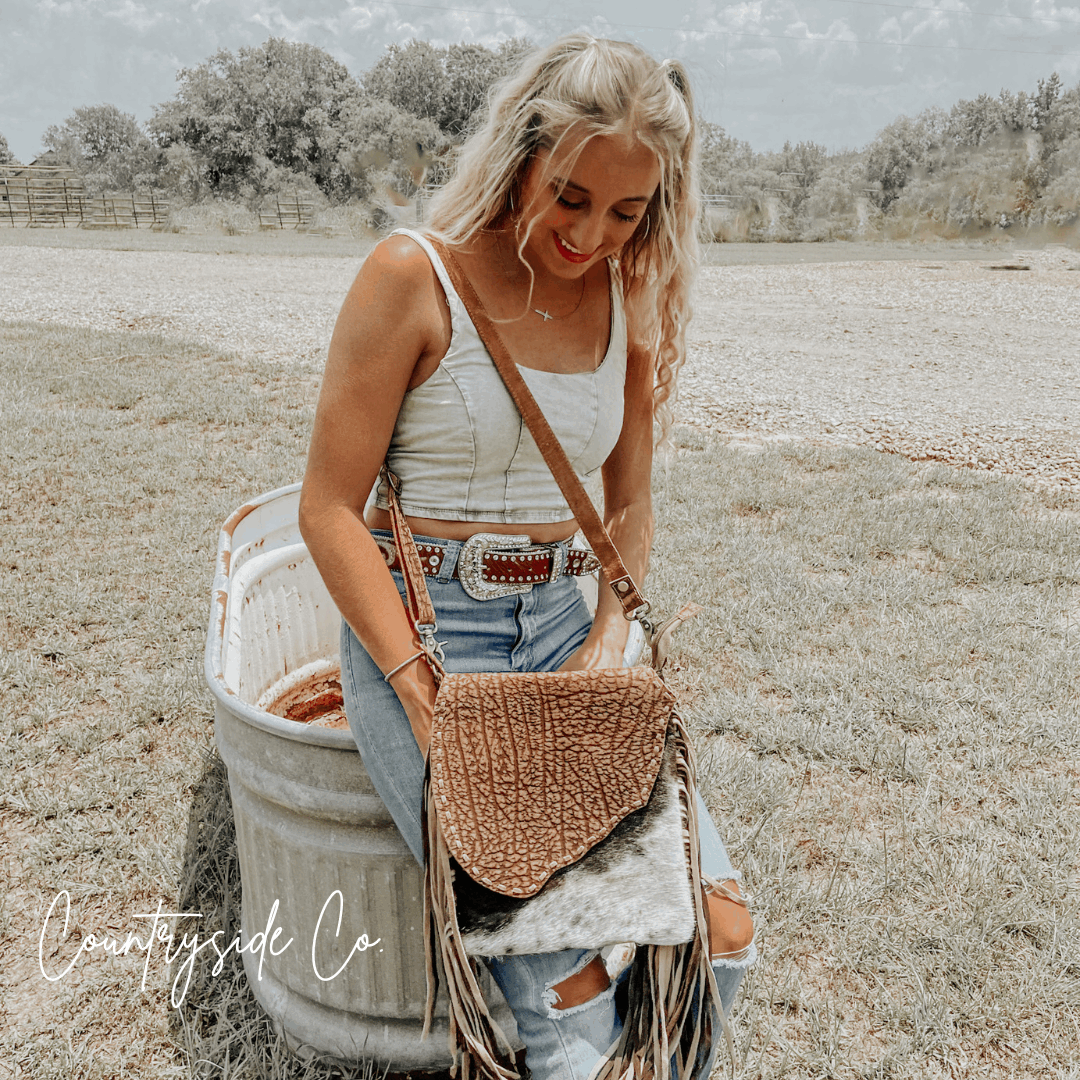 Western cowhide leather fringe crossbody concealed carry purse