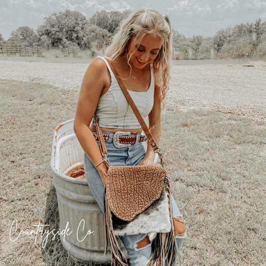 Western cowhide leather fringe crossbody concealed carry purse