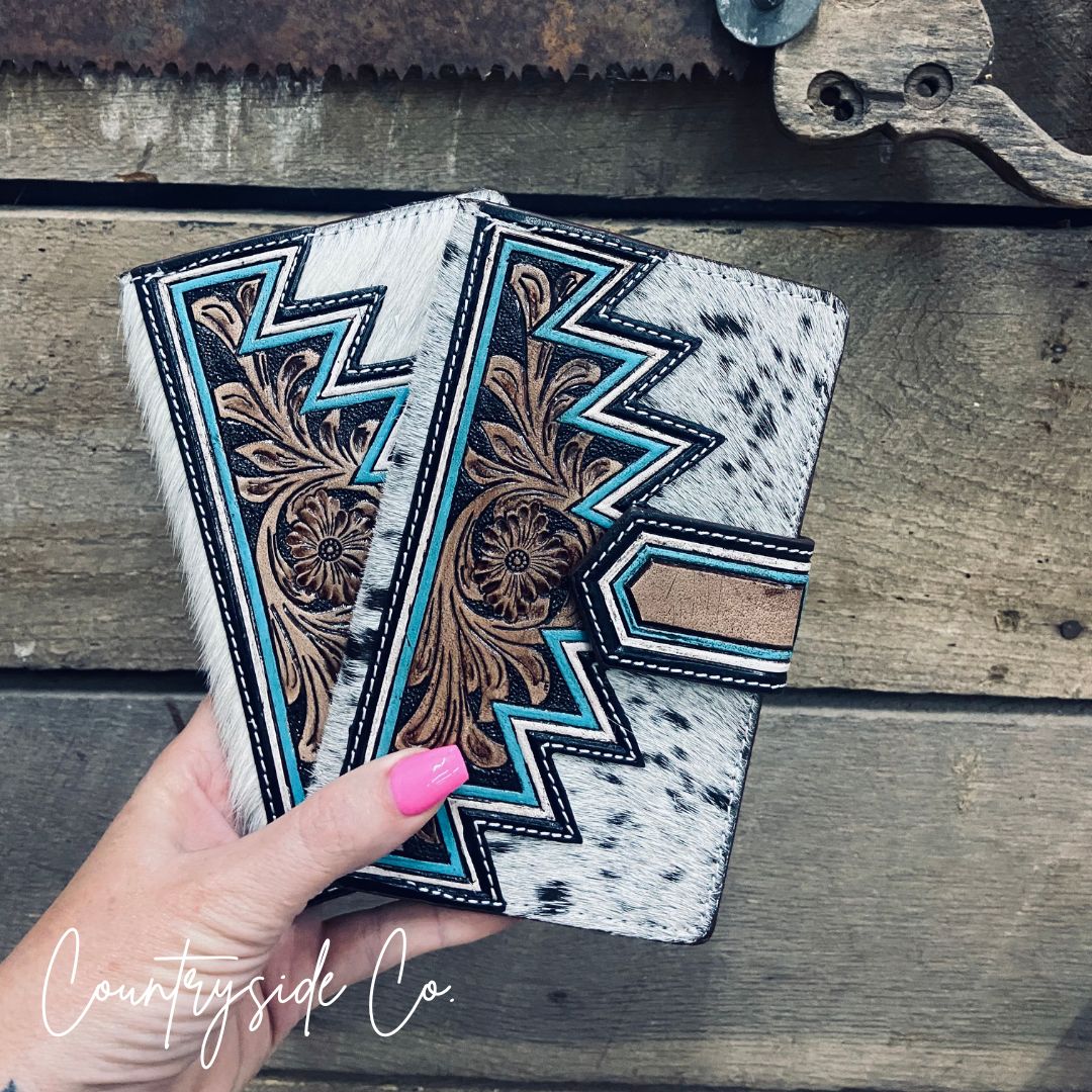 Western cowhide tooled leather wallet