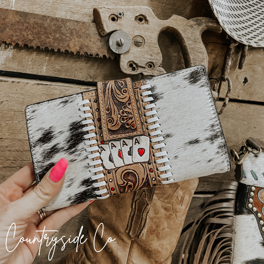 Cowhide tooled leather womens wallet