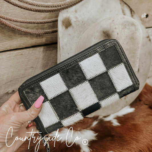 leather cowhide checkered wallet