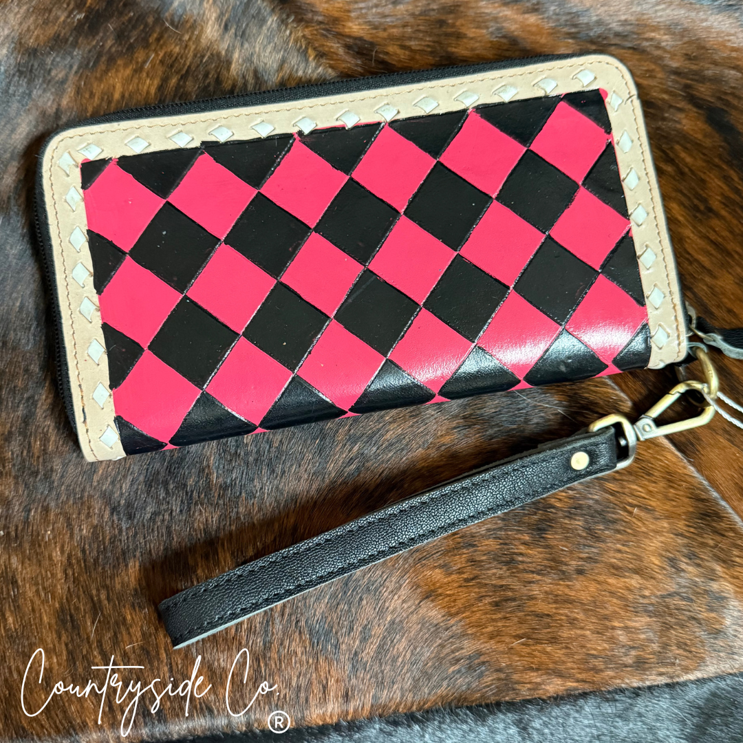 Turquoise or Raspberry Checkered Leather Wallet