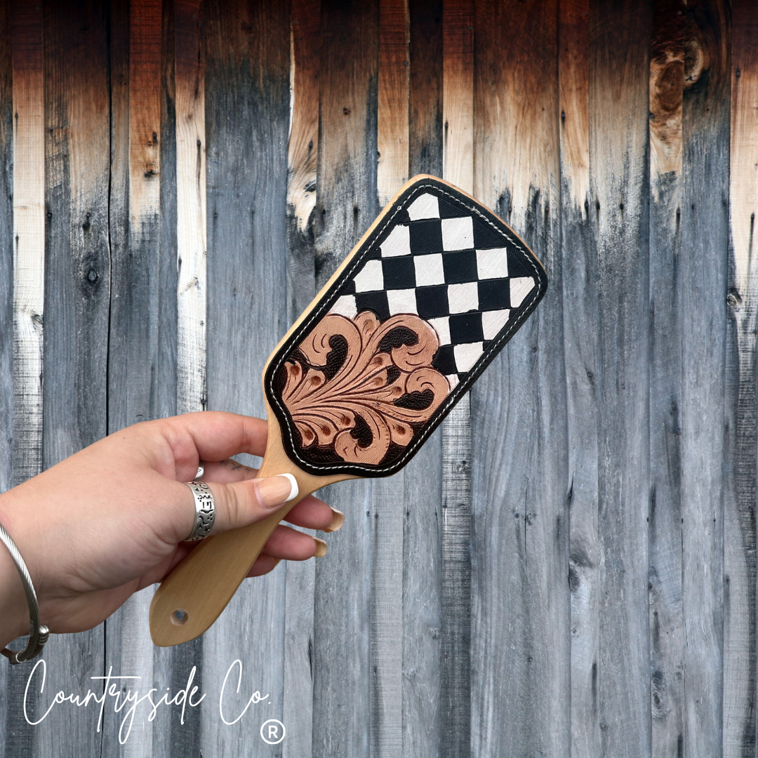 Checkered Tooled Leather Hair Brush