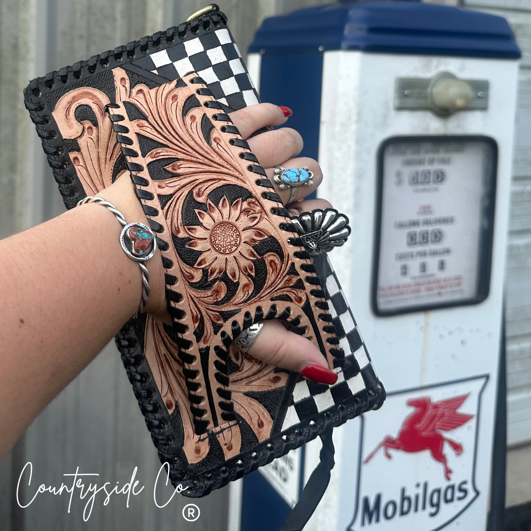 Wildcard Checkered Tooled Leather Clutch, Purse