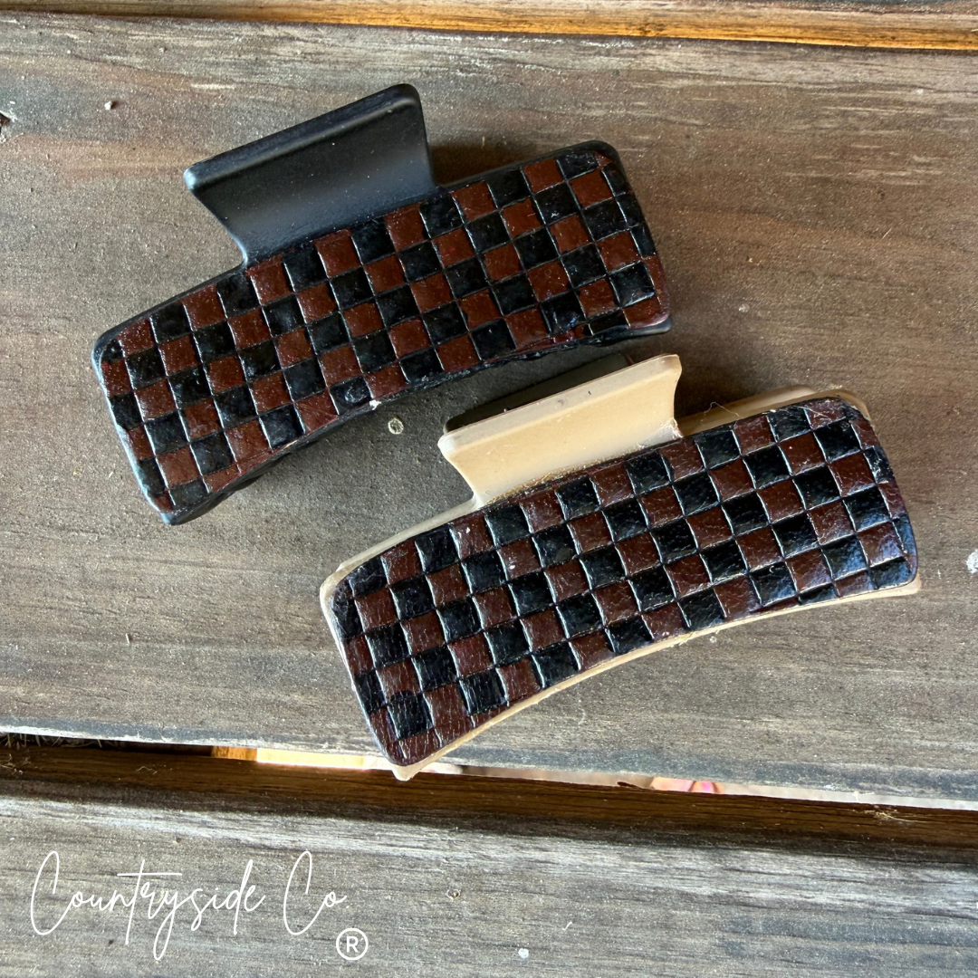 Fall Tooled Leather Checkered Hair Claw Clips