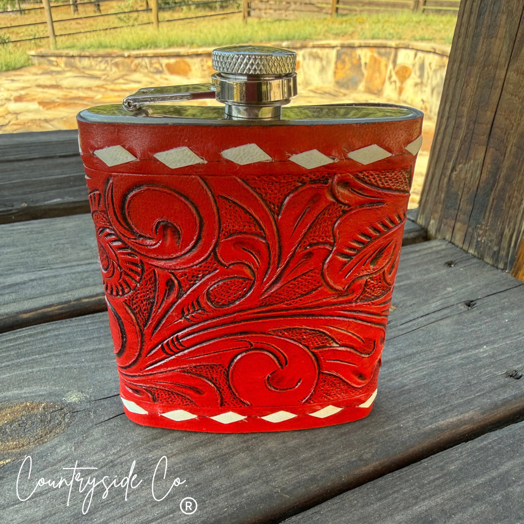 Red Tooled Leather Flask