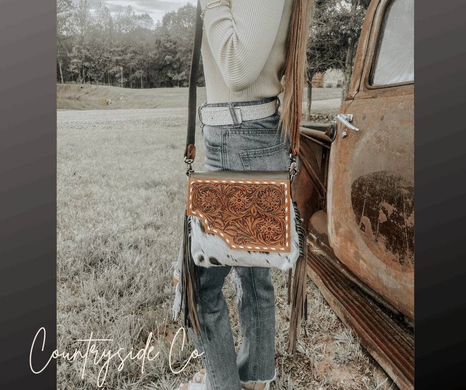 Western cowhide tooled leather purse