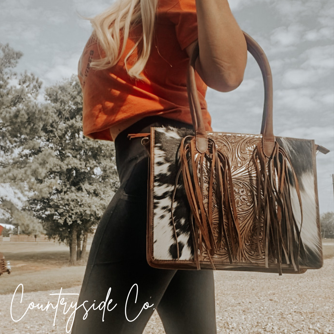 Jesse Cowhide and Tooled Leather Bag by Countryside Co