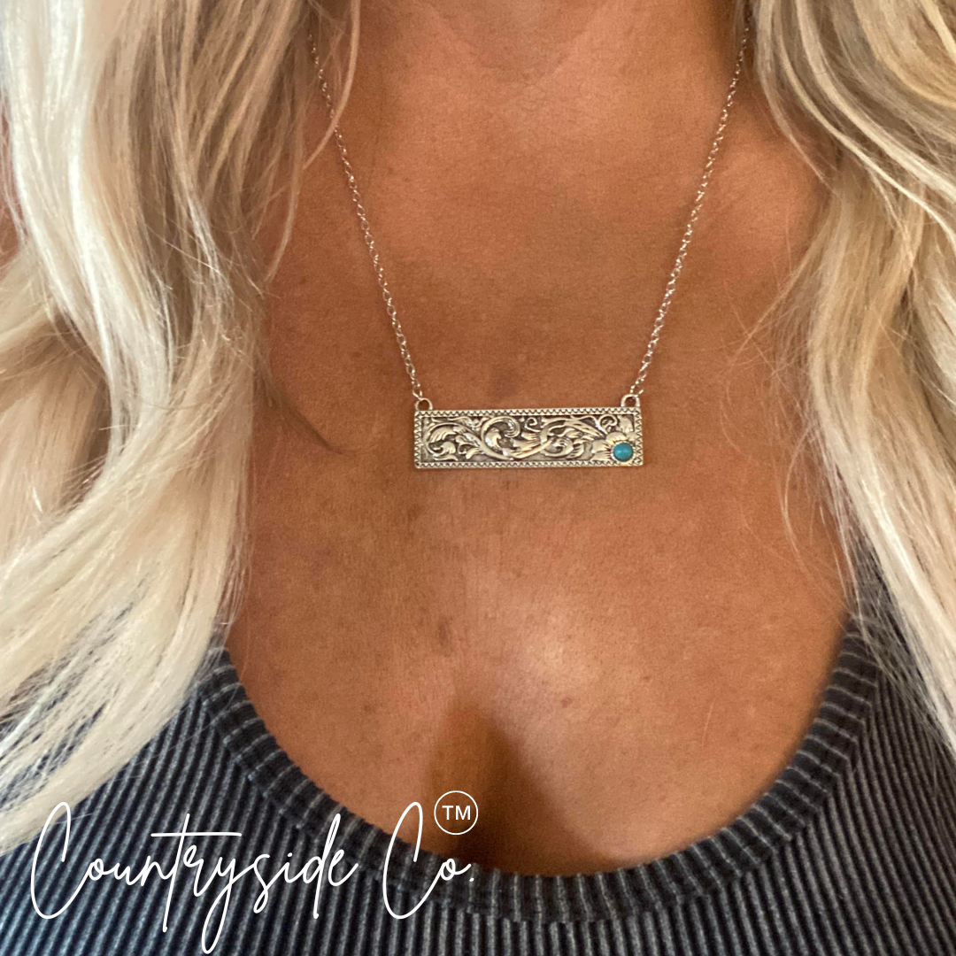 Tooled Bar Silver Necklace with Turquoise SALE