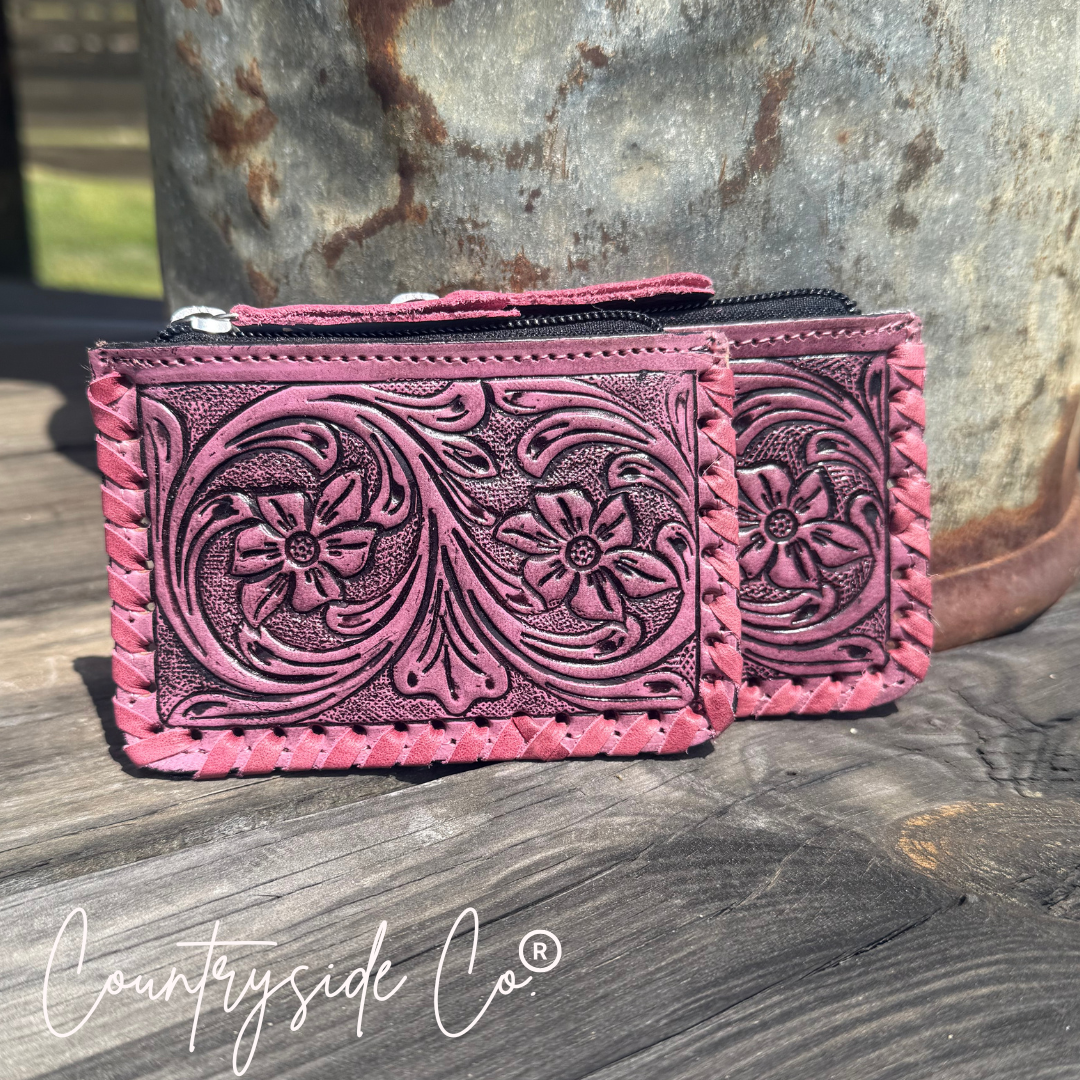 Tooled Leather Pouch Organizer, Turquoise or Pink