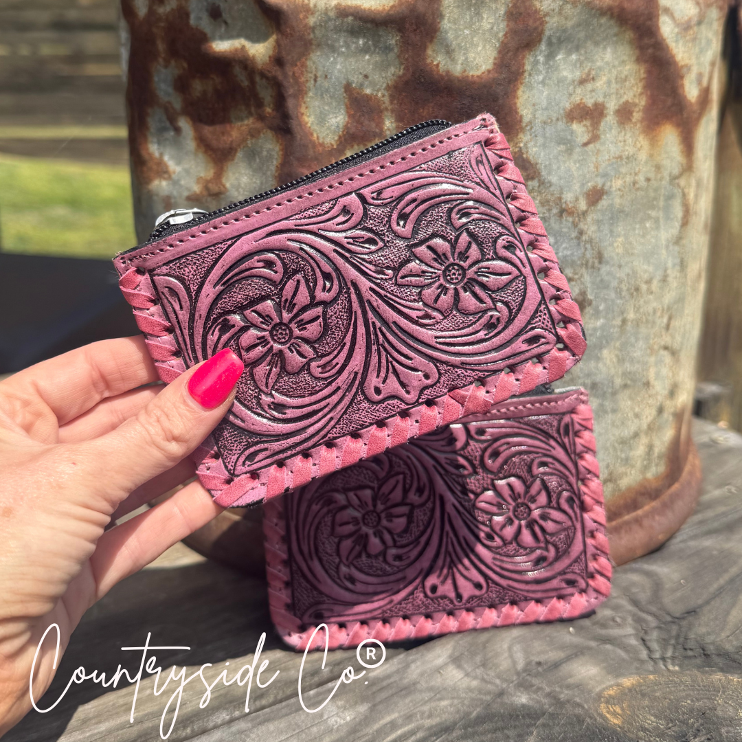 Tooled Leather Pouch Organizer, Turquoise or Pink