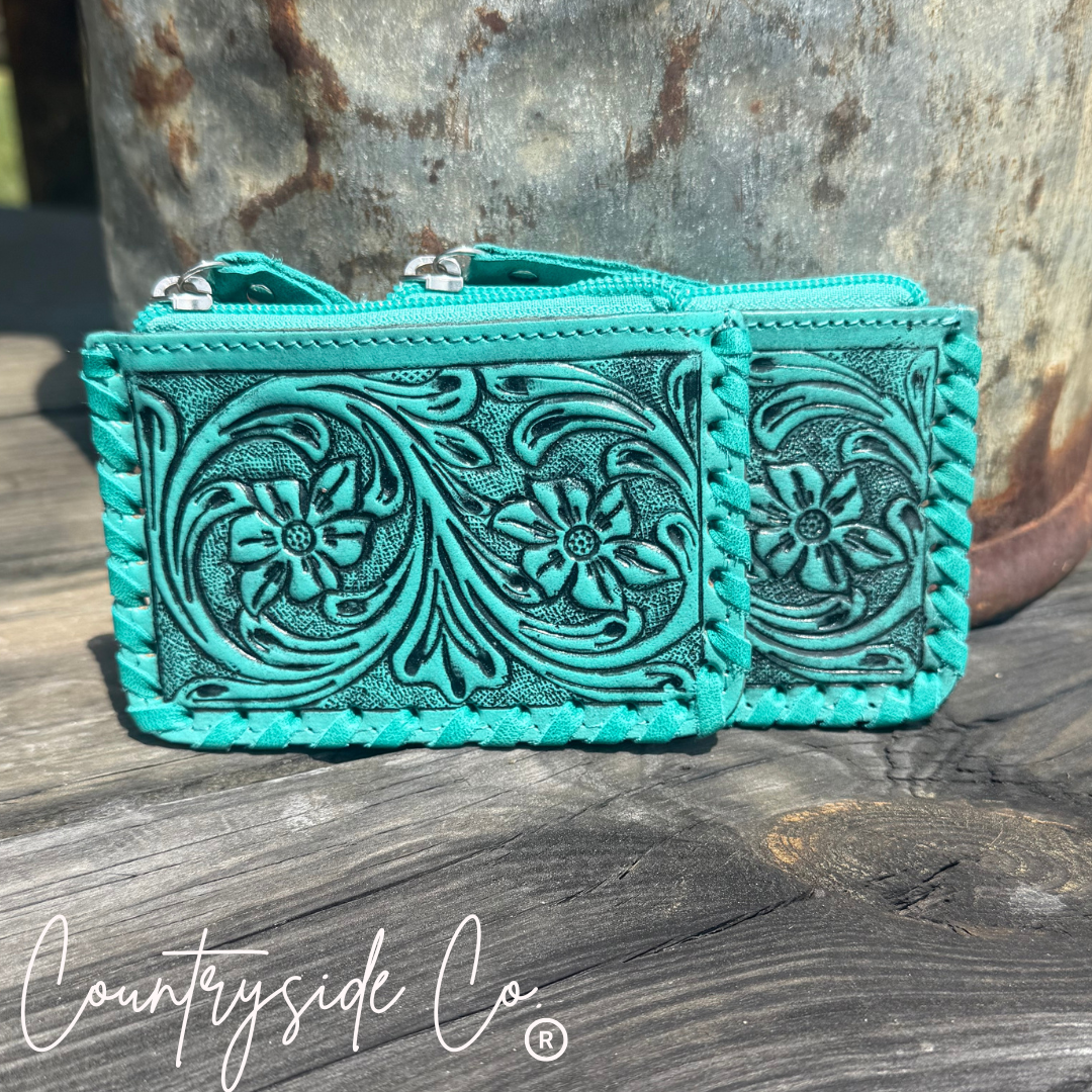 Tooled Leather Pouch Organizer, Turquoise or Pink