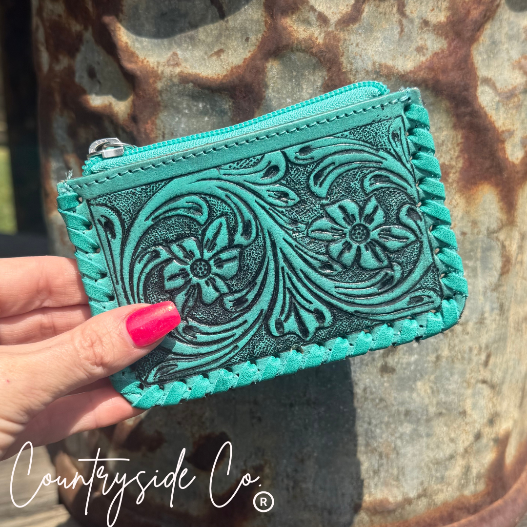 Tooled Leather Pouch Organizer, Turquoise or Pink