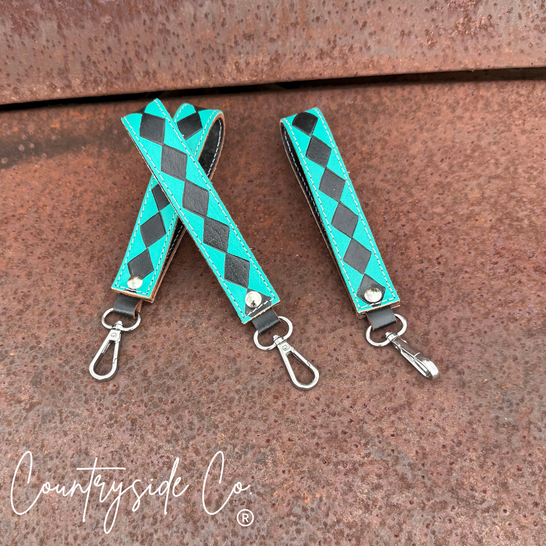 Turquoise Checkered Leather Keychain Wristlet