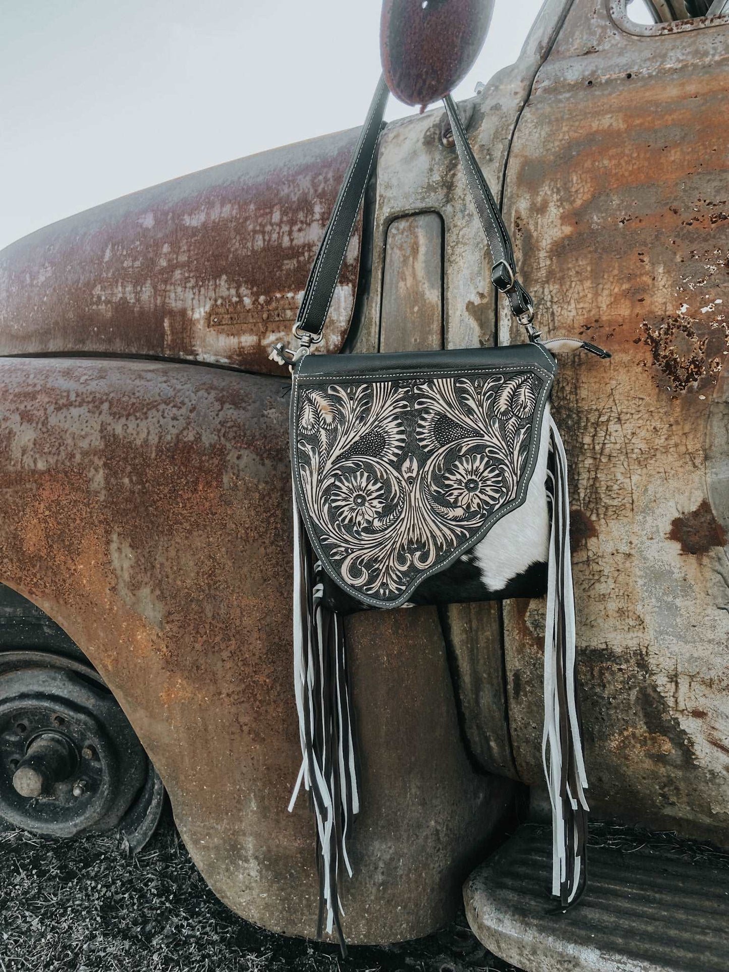western cowhide tooled leather fringe concealed carry purse
