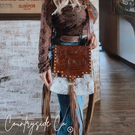 Western Cowhide and Tooled Leather Purse with Fringe accents