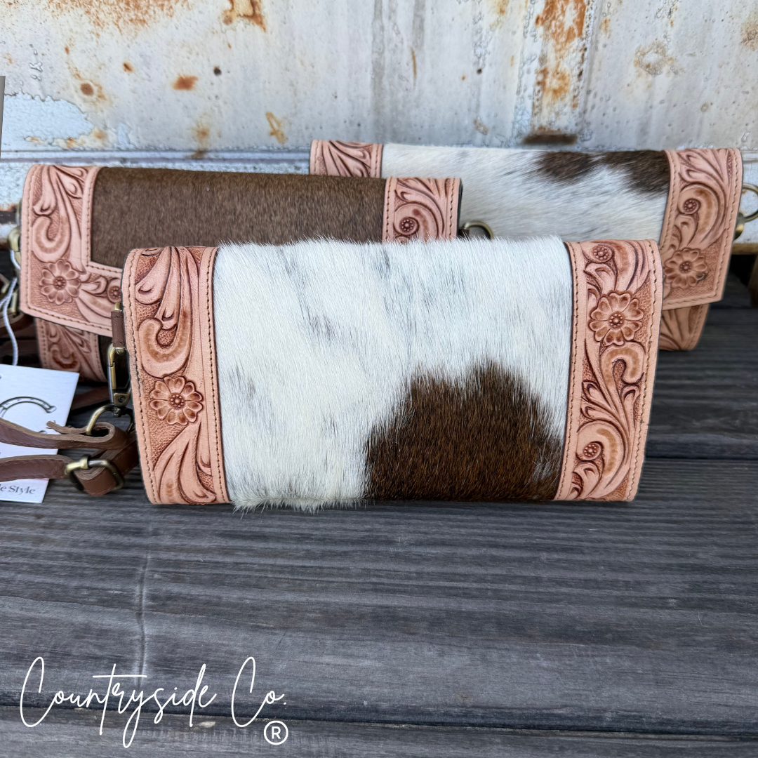 Cowhide Tooled Leather Wallet Wristlet Crossbody