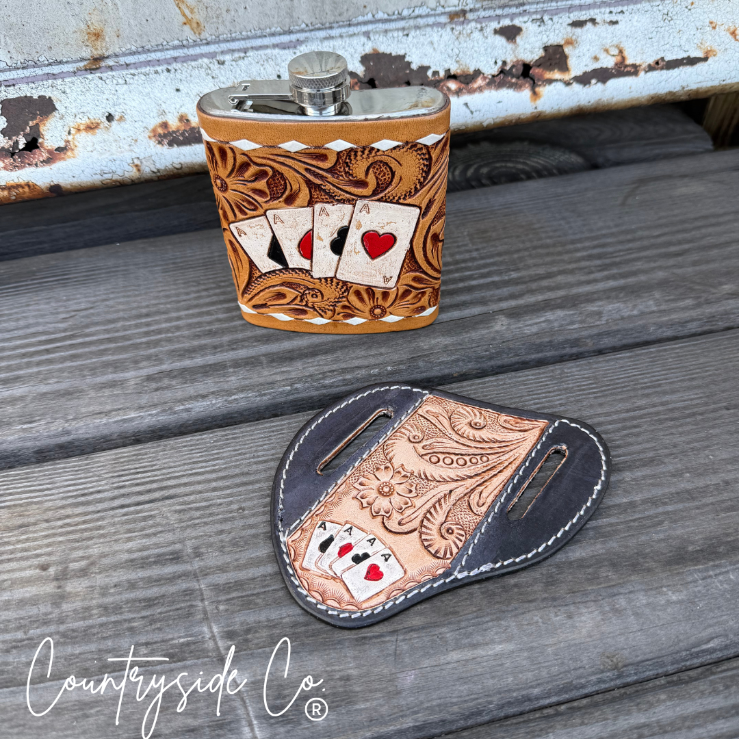 Gambler Tooled Leather Flask and Sheath BUNDLE