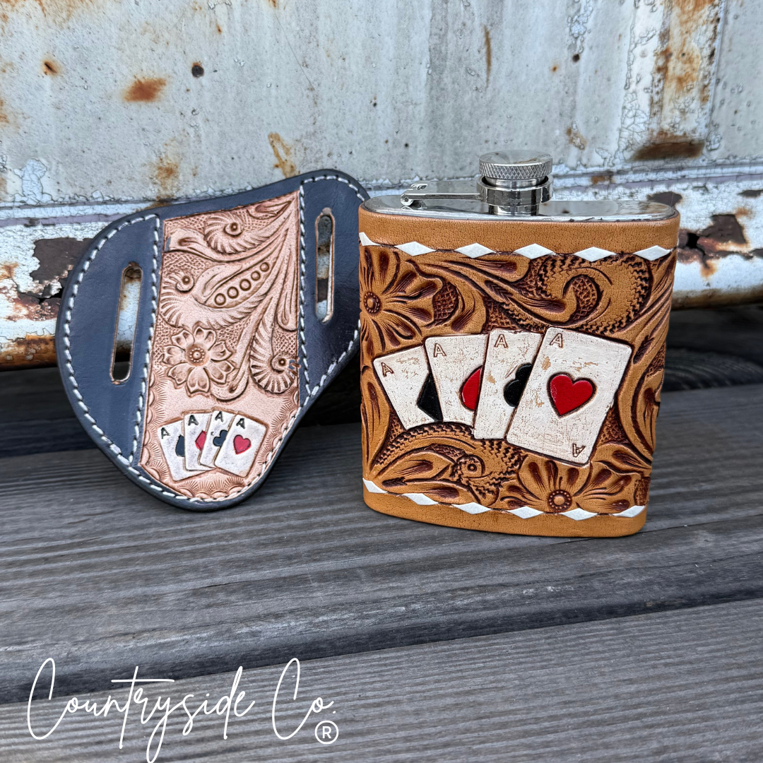 Gambler Tooled Leather Flask and Sheath BUNDLE