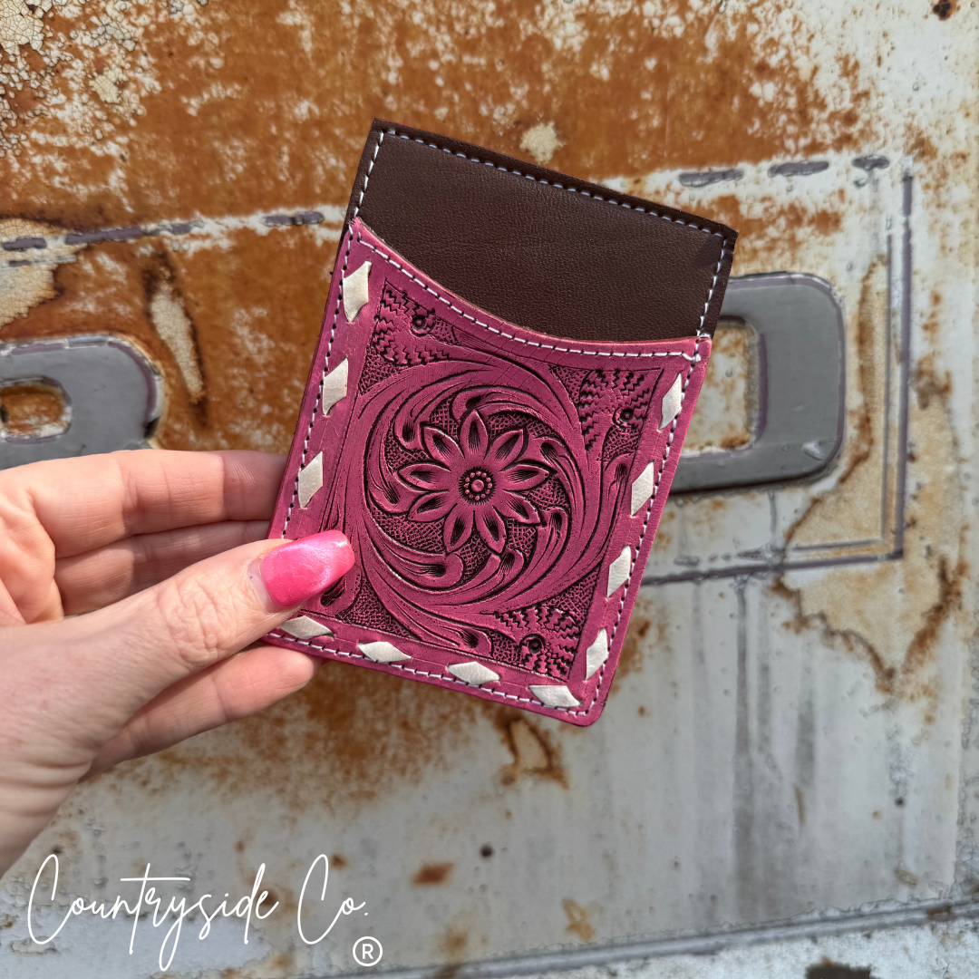 Pink Tooled Leather Credit Card Holder