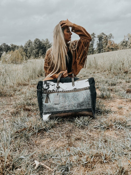 western cowhide tooled leather weekender travel bag