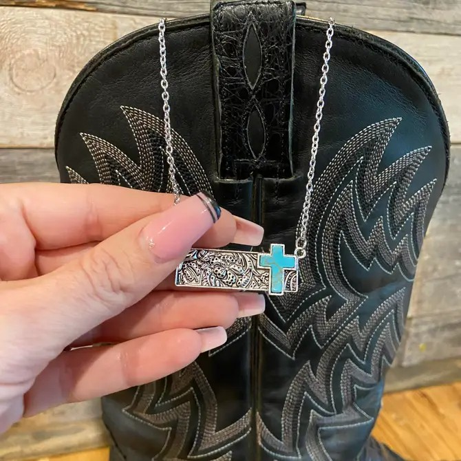 Tooled Bar Silver Necklace with Turquoise Cross BLACK FRIDAY SALE