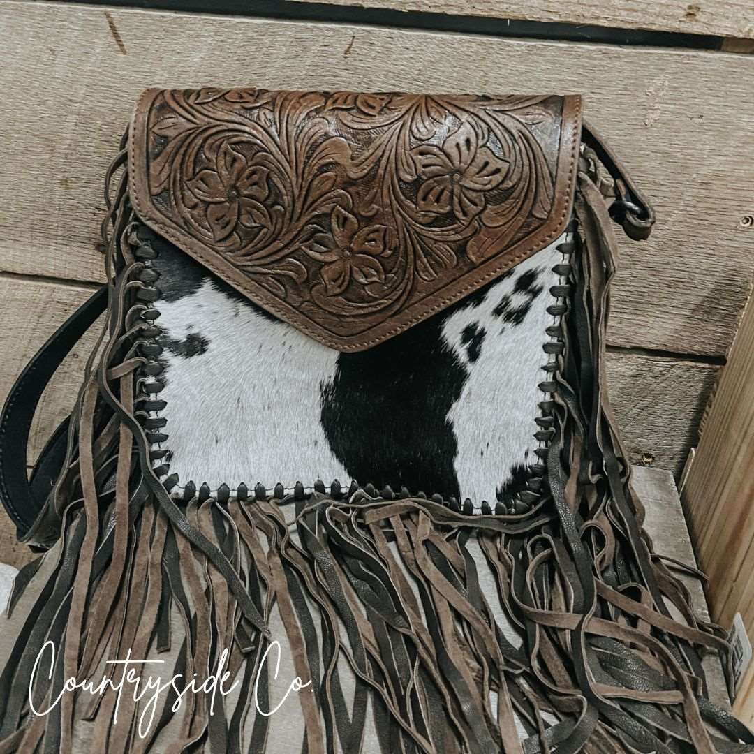 Country Hide & Tan Leather Floral Tooled Fringe Handbag – Cowgirl