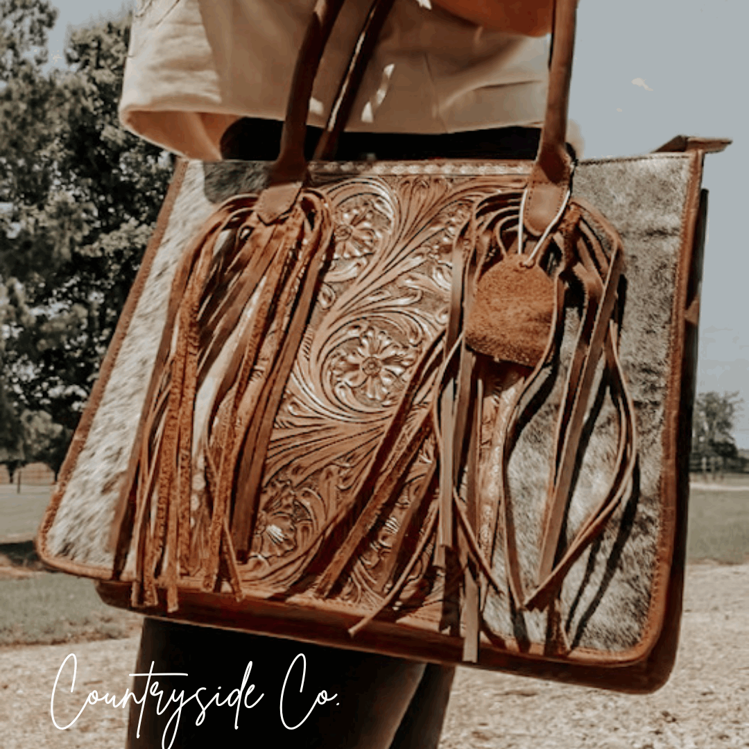 Western cowhide tooled leather fringe purse