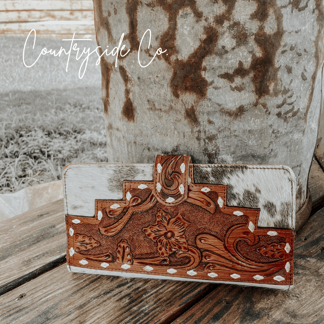 Western cowhide tooled leather wallet