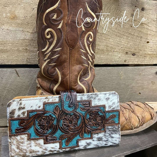Cowhide turquoise tooled leather western wallet