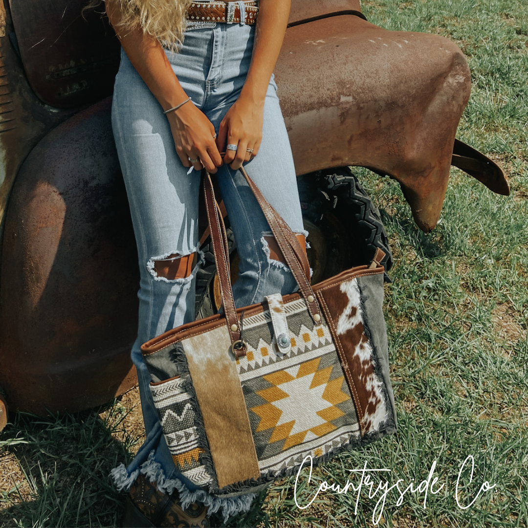 Southwest cowhide vintage fabrics tote purse