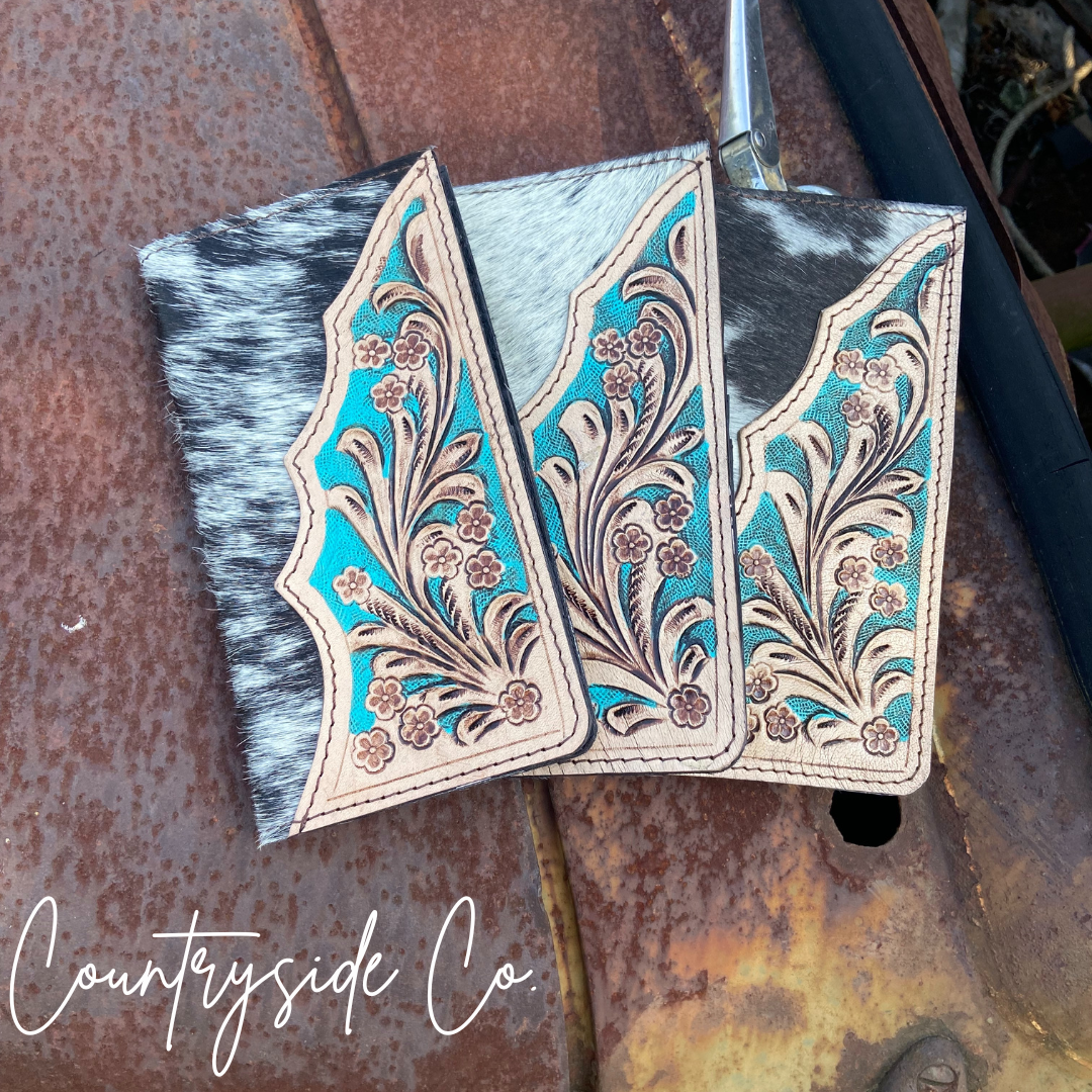 Western cowhide tooled leather turquoise wallet