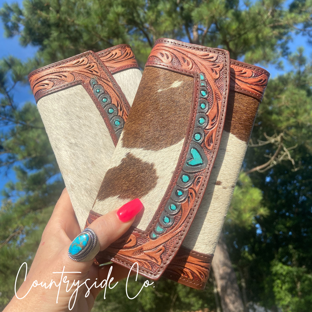 Western cowhide tooled leather turquoise harts wallet