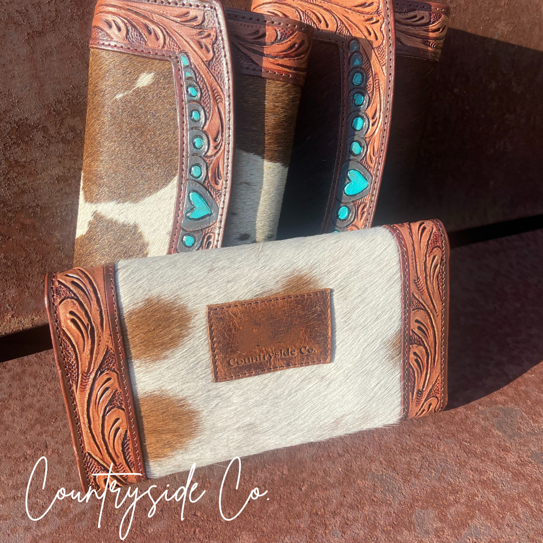Turquoise Love Tooled Leather and Cowhide Wallet