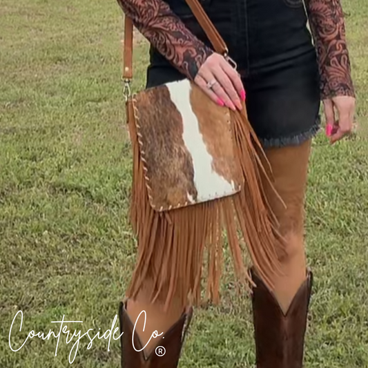 Bessie Cowhide Suede Fringe Purse by Countryside Co.