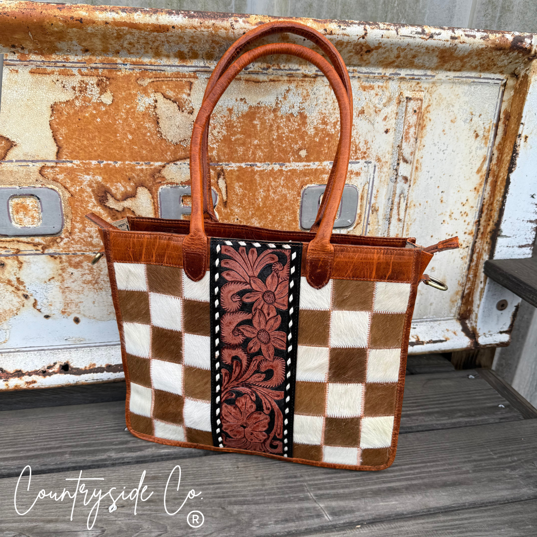 Virginia Cowhide Checkered Concealed Carry Tote Handbag, Rust Tone Leather