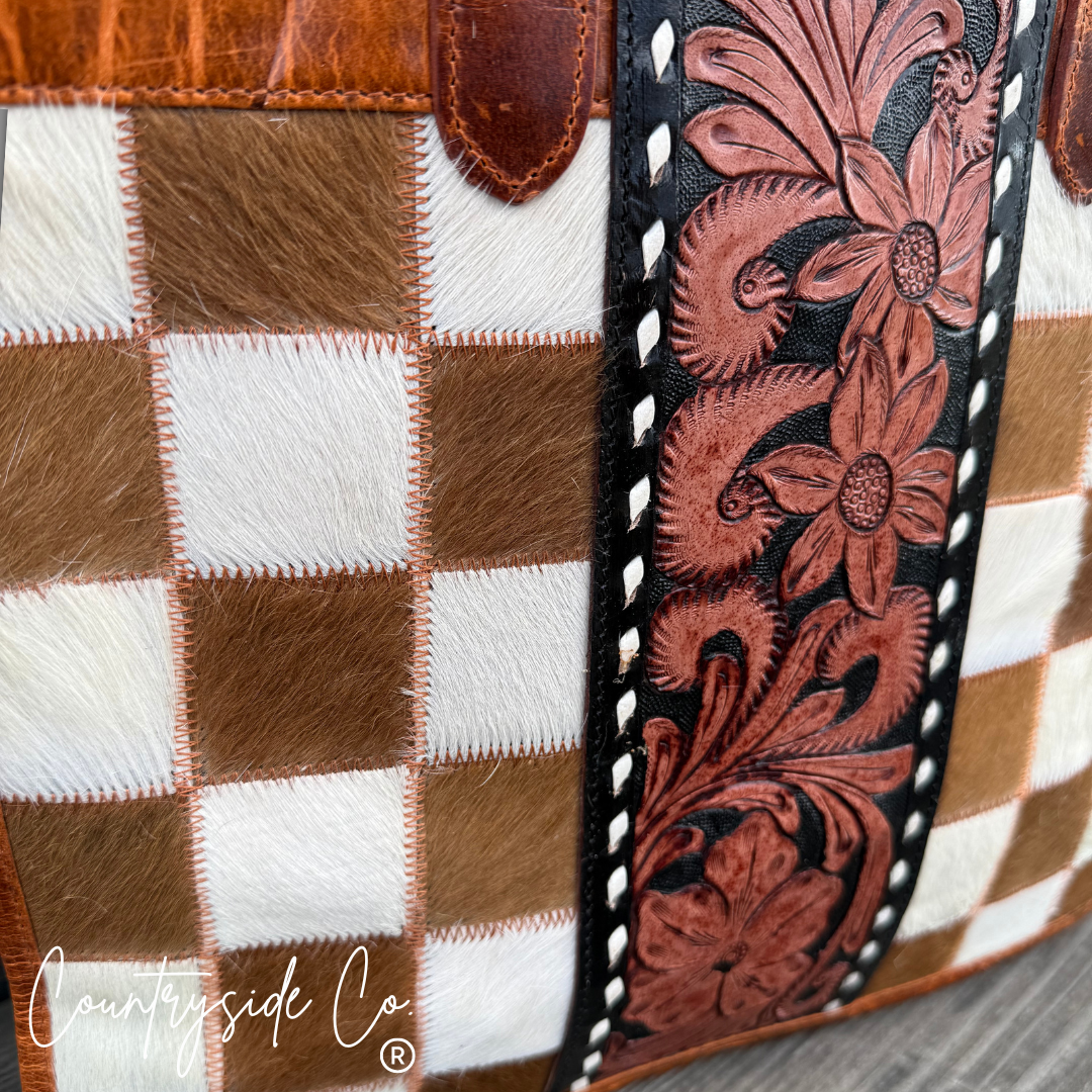 Virginia Cowhide Checkered Concealed Carry Tote Handbag, Rust Tone Leather