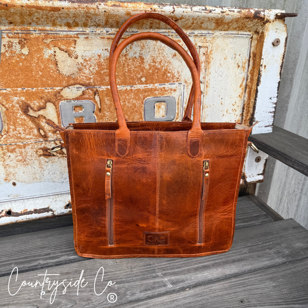 Virginia Cowhide Checkered Concealed Carry Tote Handbag, Rust Tone Leather