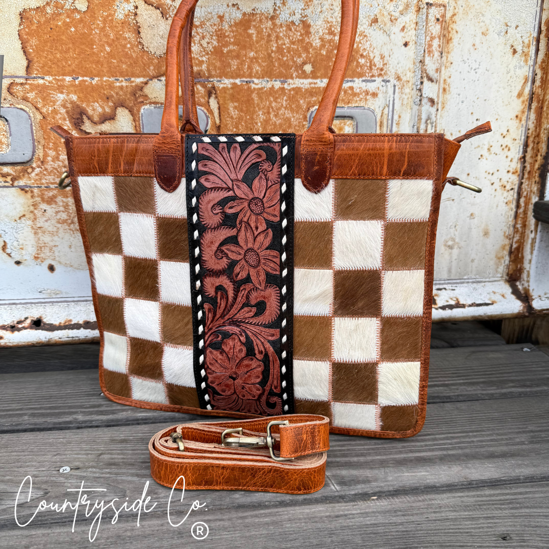 Virginia Cowhide Checkered Concealed Carry Tote Handbag, Rust Tone Leather