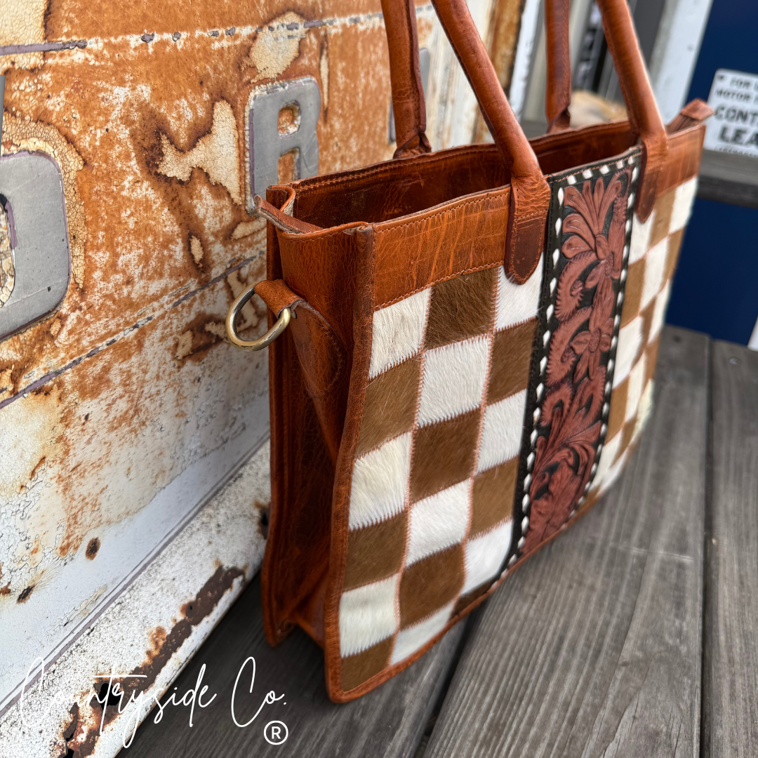 Virginia Cowhide Checkered Concealed Carry Tote Handbag, Rust Tone Leather