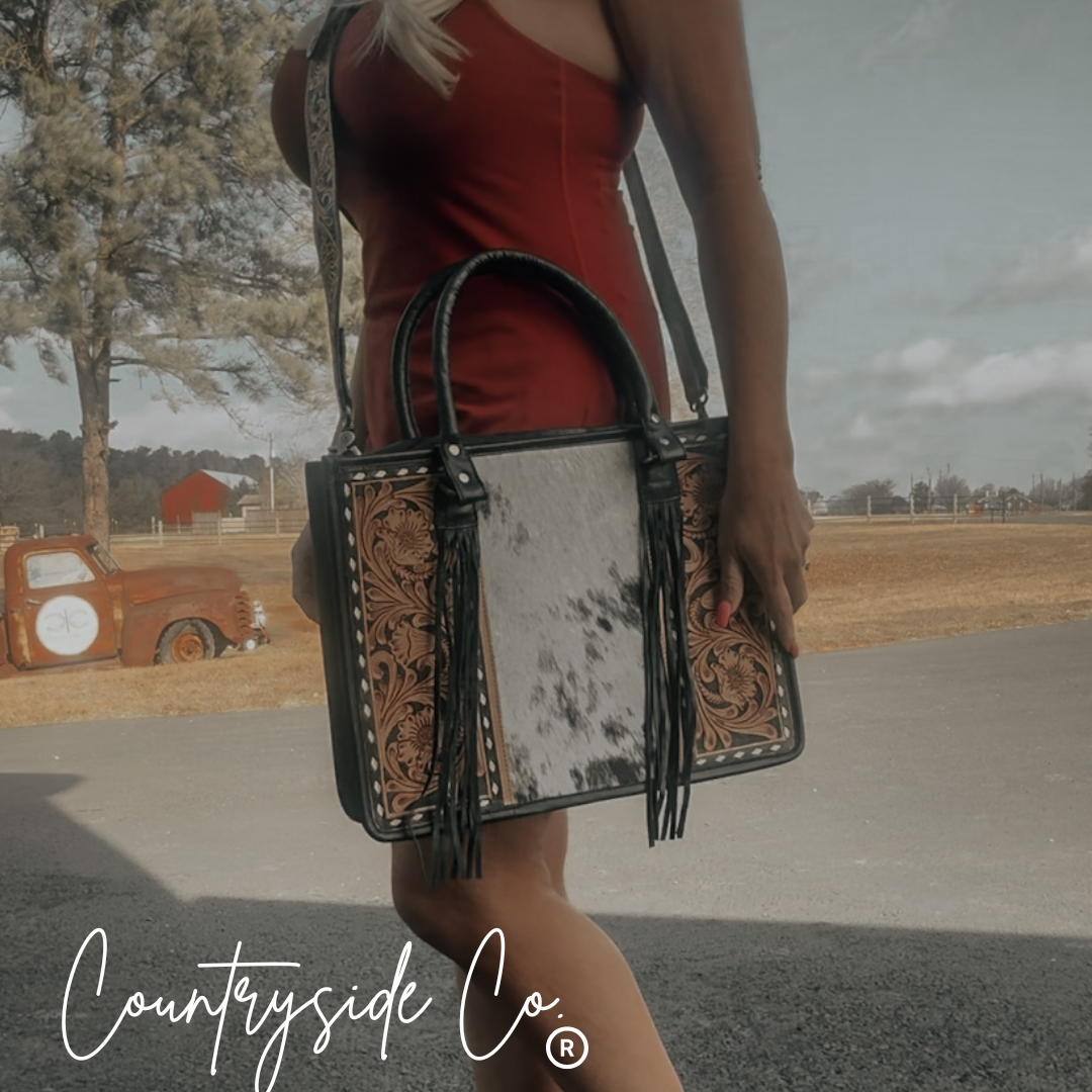 Panhandle Tooled Leather Cowhide Conceal Carry Tote, Computer Bag by Countryside Co.