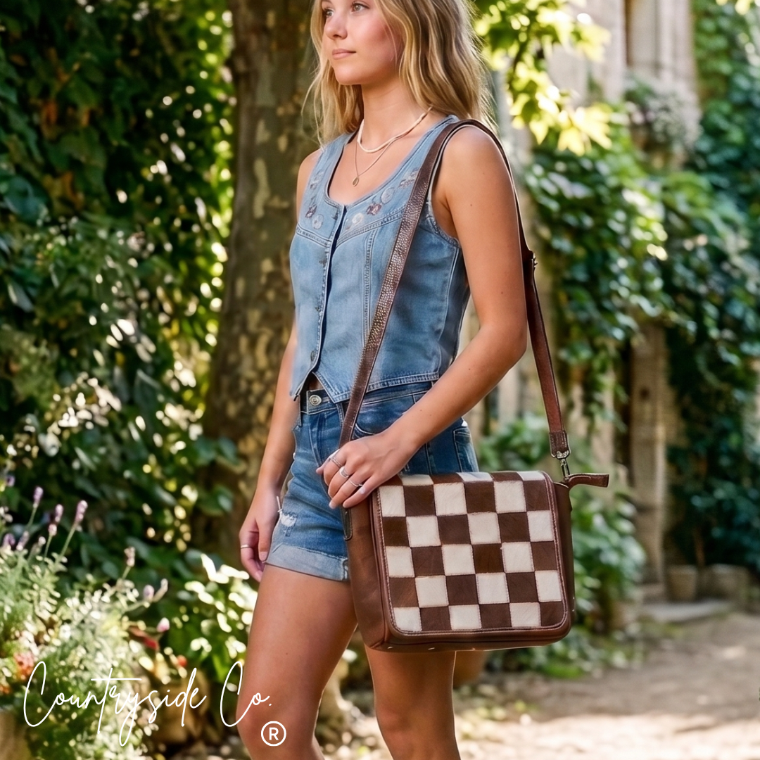 Cattleman Luxe Checkered Cowhide Concealed Carry Purse