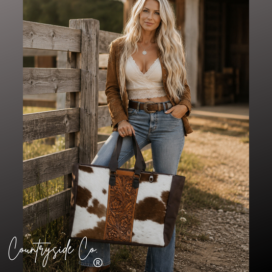 Open Range Tooled Leather and Cowhide Weekender