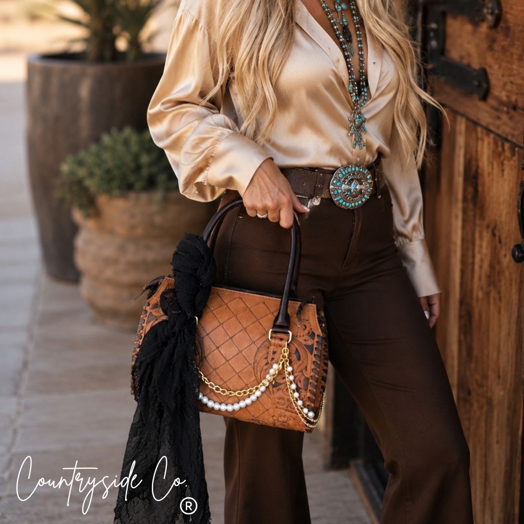 Vanderbilt Tooled Leather and Pearls Speedy Bag