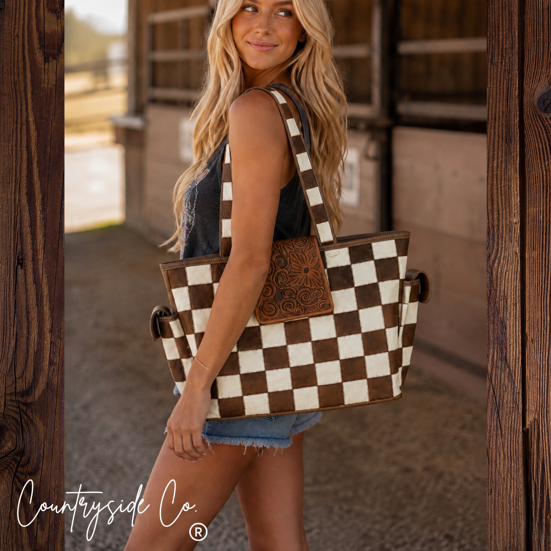 The Homestead Cowhide Checkered Tote Carryall
