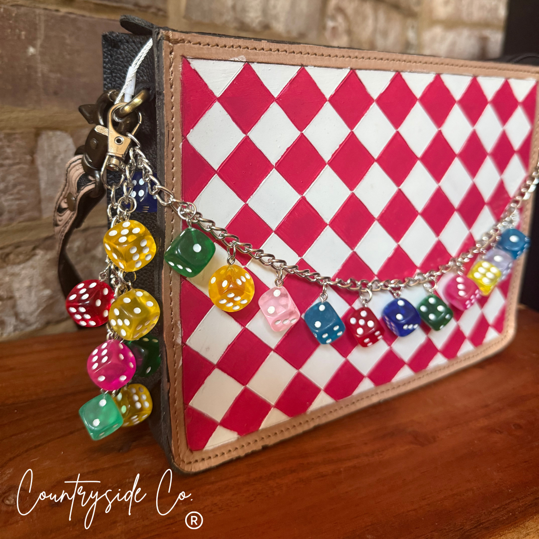 Neon Lights Dice Checkered Leather Purse with Wristlet