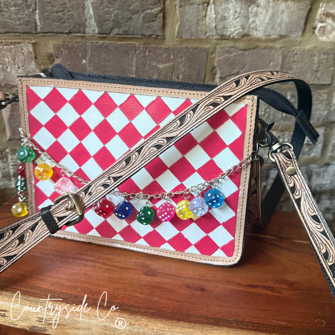 Neon Lights Dice Checkered Leather Purse with Wristlet