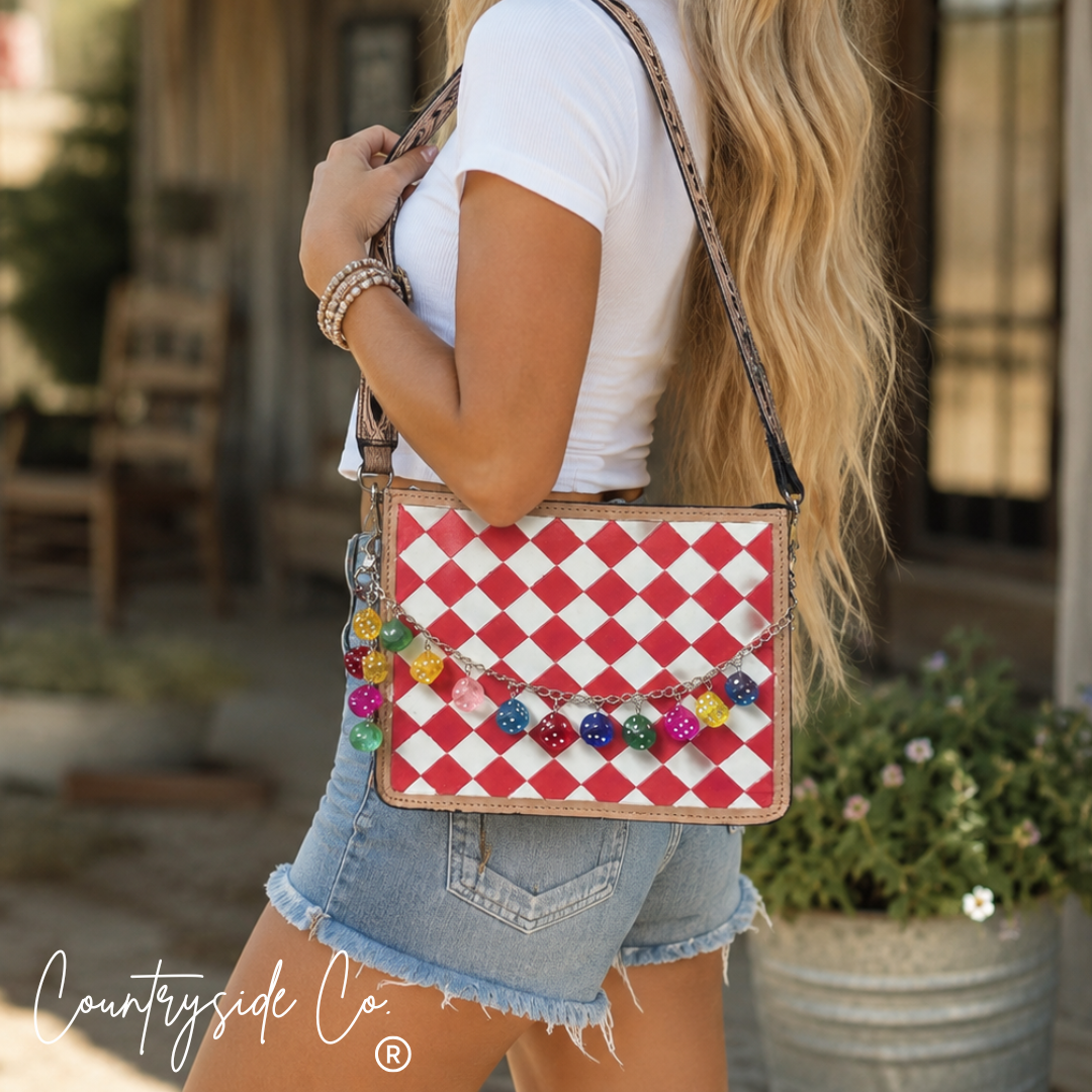 Neon Lights Dice Checkered Leather Purse with Wristlet