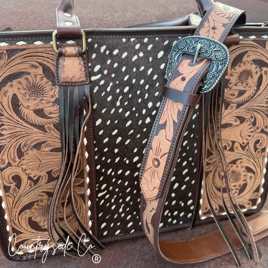 Wild Axis Tooled Leather Cowhide Conceal Carry Tote, Computer Bag