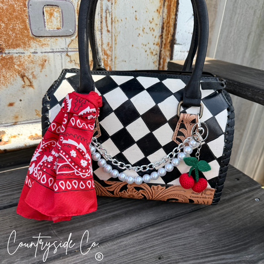 Cherry Leather Checkered Decorated Speedy Bag